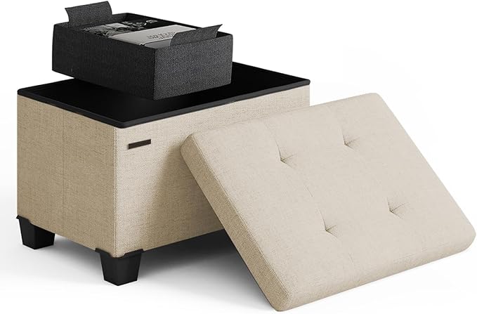 Storage Ottoman Cube with Small Bin, 16-in Square Ottoman with Storage for Living Room and Bedroom, Small Ottomans Foot Rest, Fabric Foot Stools Ottomans Max 330lbs, Beige