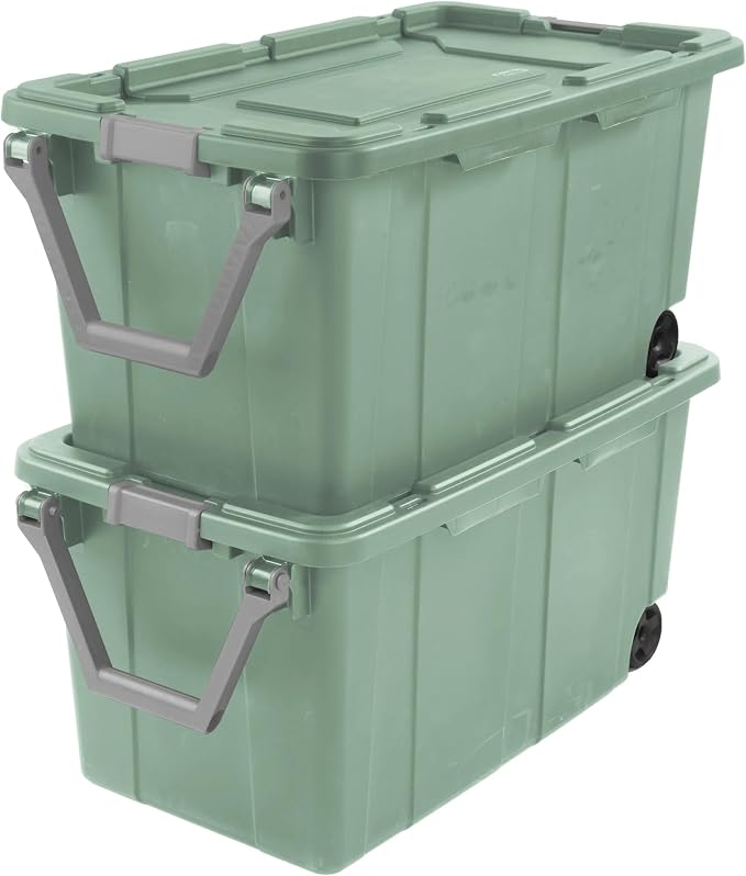 40 Gallon Light Green Rolling Industrial Storage Bins 2-Pack, Heavy-Duty Plastic with Leakproof Lid & Latches, Stackable for Garage Warehouse Equipment Transport