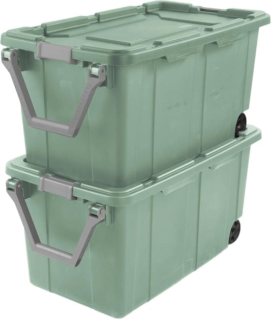 40 Gallon Light Green Rolling Industrial Storage Bins 2-Pack, Heavy-Duty Plastic with Leakproof Lid & Latches, Stackable for Garage Warehouse Equipment Transport