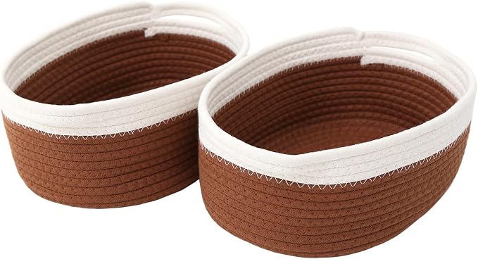 JMvicyroam Small Woven Basket, Empty Gift Basket, White&Brown/2 Pack | Small Gift Basket, Cotton Rope, 12 x 8 x 58 in, Handles, Includes Ribbon and Bag, Birthday Gift Basket