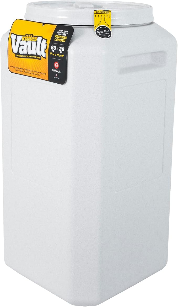 Vittles Vault Traditional Pet Food Storage Container For Dog Kibbles/Bird Seed/Oatmeal/Rice/Flour/Cereal, BPA Free Plastic, Sealed Airtight For Cat Food, Up To 80 lb, Made in USA, With Scoop, Gray