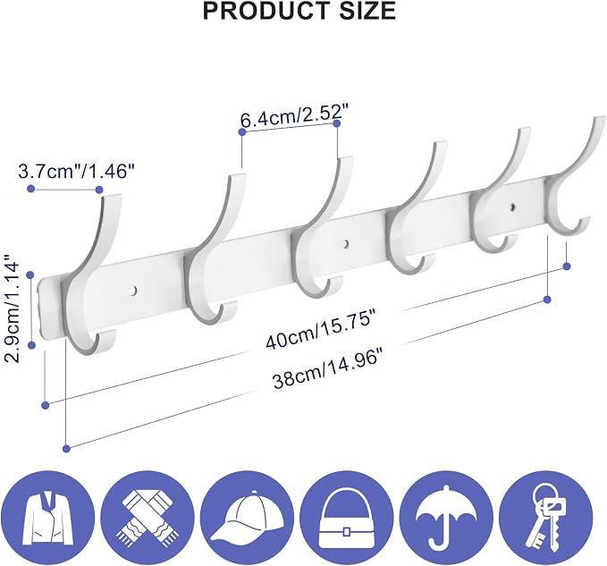 Coat Rack Wall Mounted,6 Coat Hooks for Hanging Coats,Heavy Duty Metal Double Hook Rack Hook Rail,Coat Rack with Hooks,Wall Mount Coat Hanger for Hat Towel Purse Robes (2 Pack White, 6 Hooks)