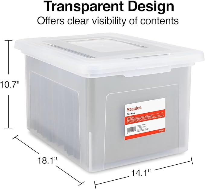 STAPLES Plastic File Box with Snap Lid, Letter/Legal Size, Clear, 4/Carton | Stackable storage box keeps hanging files organized and protected. Pack of 4.