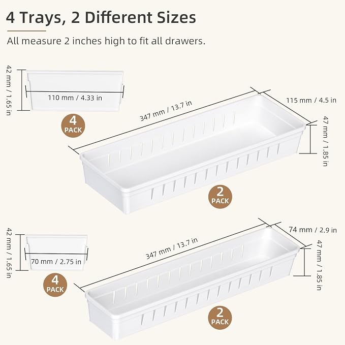4 PCS Desk Drawer Organizer Tray, Office Drawer Organizer Bins | 8 pcs Dividers Adjustable, 16 pcs Non-Slip Silicone Pads, Makeup Vanity Organizer for Drawer, Plastic, White