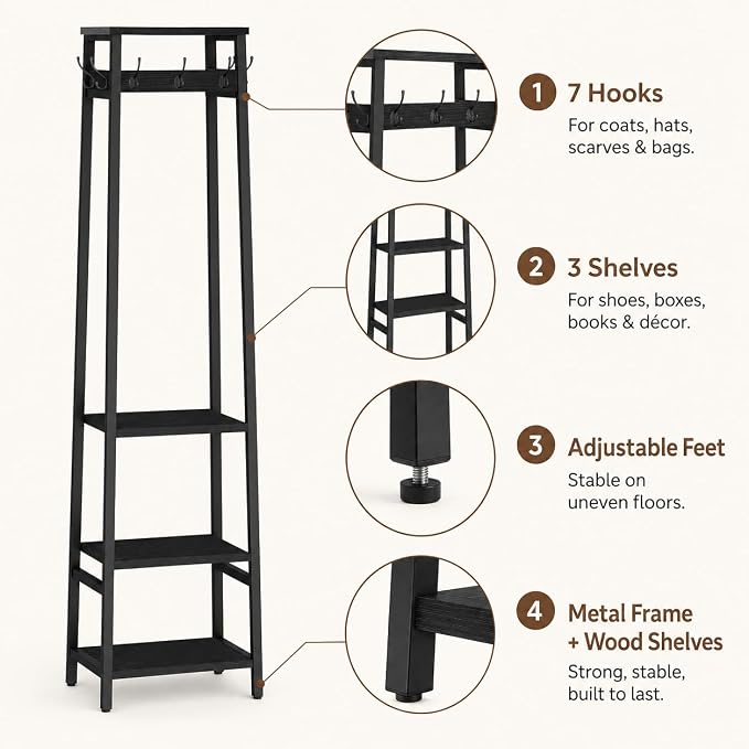 Coat Rack Freestanding with 3 Shelves and 7 Hooks | Coat Stand, Hall Tree Free Standing, Clothes Rack Stand Organizer, Industrial Style, Black