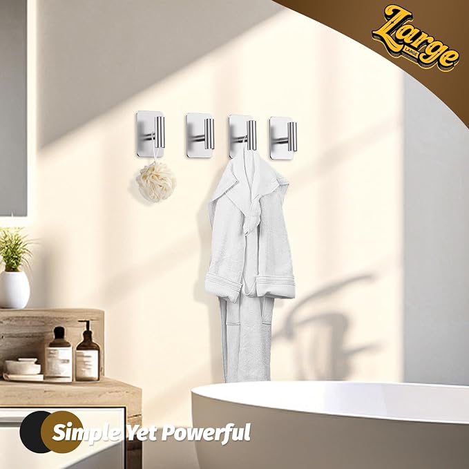 Heavy Duty Adhesive Hooks - 26lb Max, Sticky Wall Hooks Waterproof Stainless Steel for Hanging Towel, Coat, Robe, Towel Hooks Stick on Bathroom, Kitchen, Shower, Door (Silver, 2 Pack)