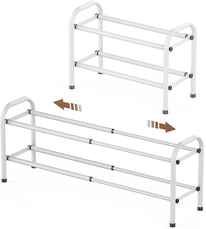 Gonfoam Expandable 2-Tier Shoe Rack for Closet and Entryway, White | Tool-Free Assembly, Metal Material, Adjustable Shoe Organizer, Sturdy, Small Space Solution, Dorms, Garages, Apartments.