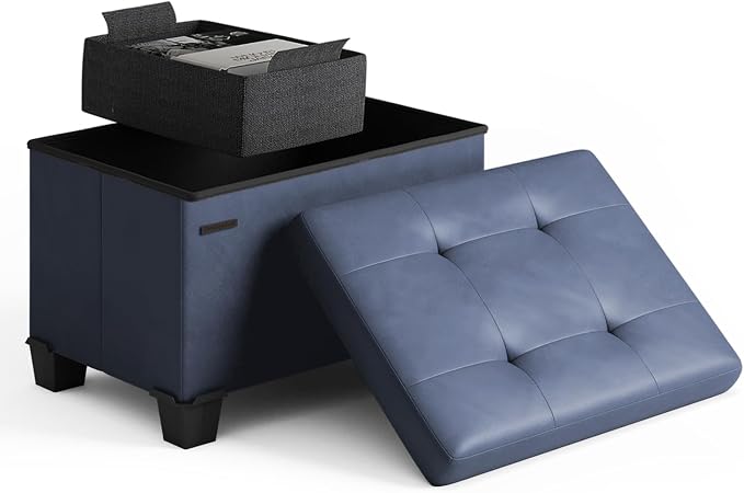 Storage Ottoman Cube with Small Bin, 16-in Square Ottoman with Storage for Living Room and Bedroom, Small Ottomans Foot Rest, Leather Foot Stools Ottomans Max 330lbs, Blue