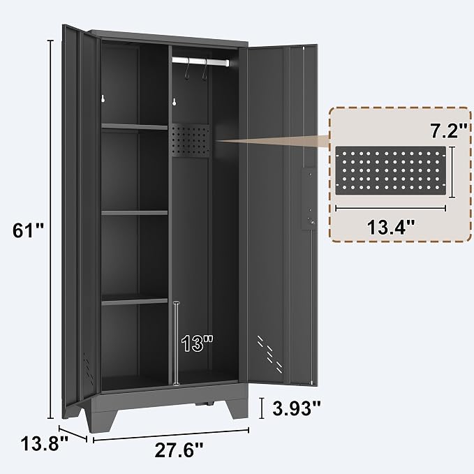 61" Metal Storage Cabinet with Lock for Garage, Utility Closet | Broom Closet with Lockable Doors, Pegboard & Shelves, Steel Tool Cabinet for Home Office, Laundry Room, Living Room, Black
