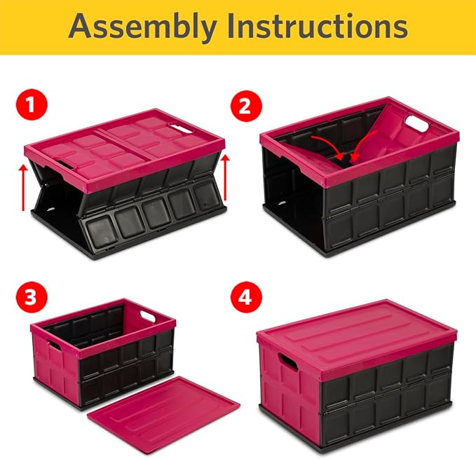 Glad Collapsible Storage Bin with Lid - 48L Foldable Plastic Box for Garage, Car Trunk, and Organization - Stackable Lidded Container with Handles, Purple