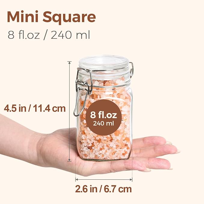 ComSaf Square Small 8 oz Glass Spice Jars with Airtight Lids 6 Pack Pantry | Jams herbs, Overnight oats, Pickling favors, Labels included, Funnel included, Pantry organization, Sourdough pickling