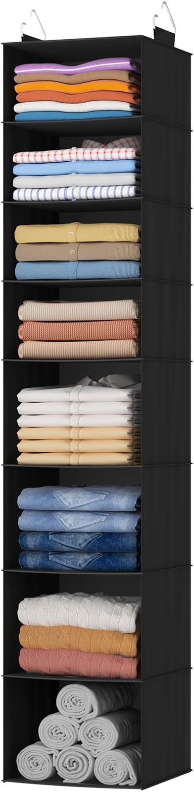 Lifewit 8 Tier Hanging Portable Closet Storage Organizer for Shelves, Gray | Foldable Clothes Shelf with 2 Sturdy Hooks, Sweater/Coat/Shoes Clothing Organization for Wardrobe, Dorm, Bedroom