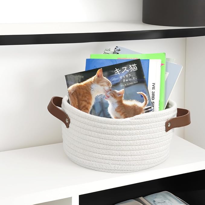 Small Woven Cotton Rope Basket with Leather Handle | Cute Mini Round Storage Basket, Empty Gift Basket, Nursery Toy Organizer, Decorative Shelf Bin, Boho Room Decor