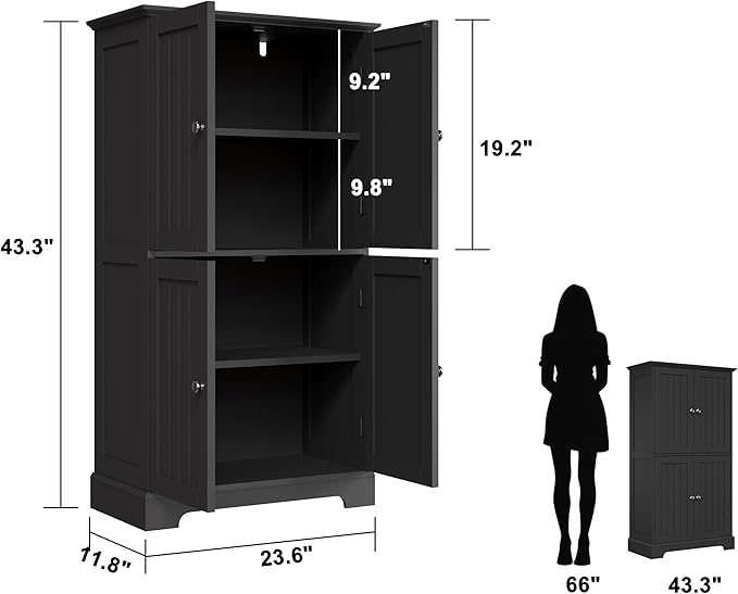 ChooChoo Bathroom Floor Cabinet with Adjustable Shelves | Bathroom Storage Cabinet, 4 Doors, Freestanding Cupboard for Living Room, Black