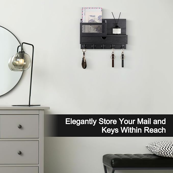 Key Holder Wall Mount, Key Holder for Wall with 5 Key Hooks and Storage Drawer Mail Organizer for Entryway Living Room Farmhouse Home Decor