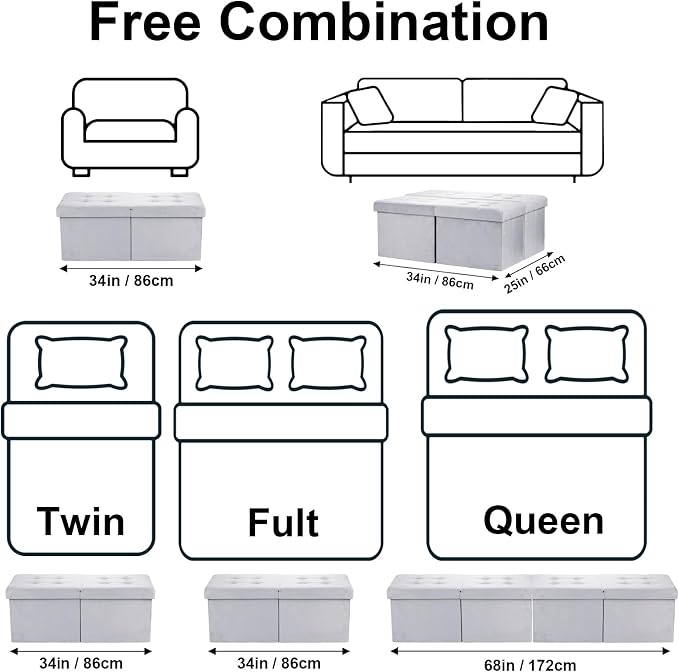 AmasSmile Footrest Ottoman Storage Bench, 34" Velvet Folding Stool, Grey | Large Ottoman with Storage, Thicker Foam Padded Seat, Livingroom, Dorm, Bedroom, Entryway, Easy to install, 34 x 13 x 13in