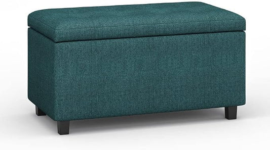 SIMPLIHOME Cosmopolitan 34" Wide Vegan Leather Storage Ottoman in Brown | Modern/contemporary storage ottoman with tufting and lift-up lid; rectangle storage bench for living room or entryway.