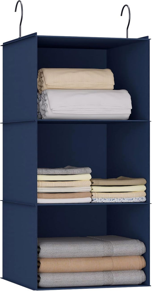 Hanging Closet Organizer 3-Shelf, Oxford Fabric Wardrobe Storage, Navy Blue | Easy-mount foldable design holds clothes, handbags, shoes & accessories; washable Oxford fabric, sturdy and space-saving.