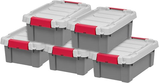 IRIS USA 5-Pack 3 Gal Heavy Duty Lockable Storage Totes with lids, Gray | Built for tools, hardware, emergency supplies and small equipment, Stackable design keeps spaces organized