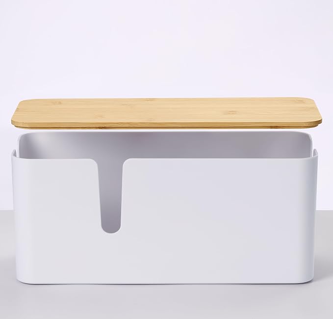 ZhiYo Large Cable Management Box, Thick ABS Power Strip Organizer, White | Extra-Tall Design for Oversized Adapters, Natural Bamboo Lid, Fits Power Strips Up to 12.5" Long, Ideal for Desks, TV Areas