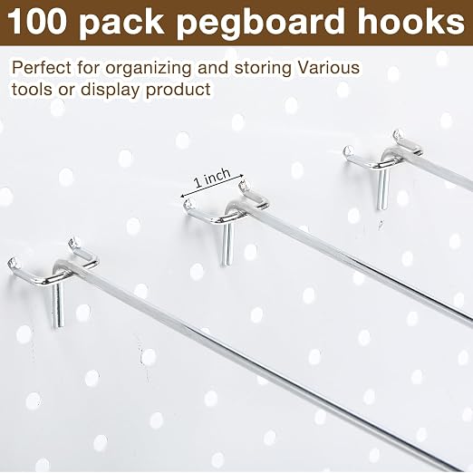 100 Pcs Peg Board Shelving Hooks Stainless Steel Hanging Board Pegs Wall Display Hooks Bulk for 1/8 1/4 Garage Storage Organizer Accessories (12 Inch,Silver)