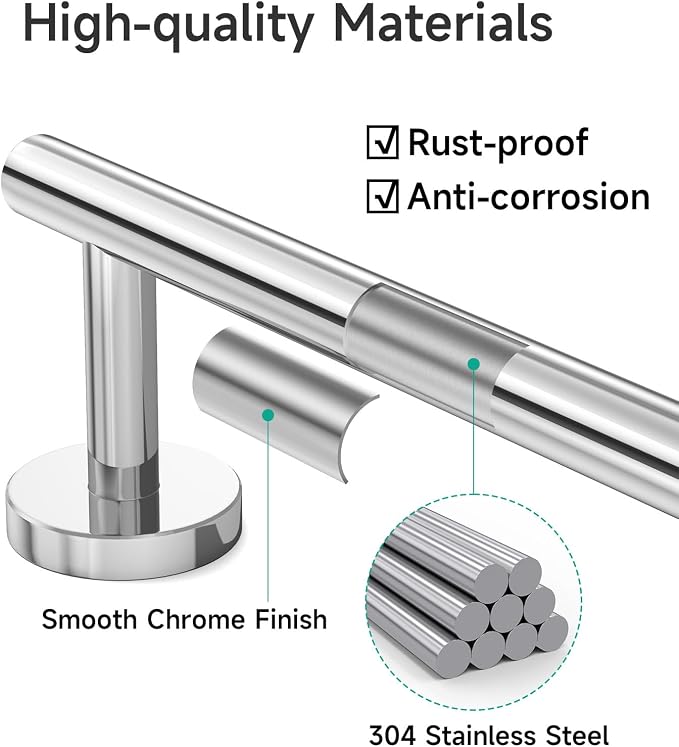 USHOWER Polished Chrome Towel Bar, 24-Inch Towel Racks for Bathroom | Thicken SUS304 Stainless Steel Towel Rod, Towel Holder Wall-Mounted, Modern Home Decor (Total Length 26-Inch)