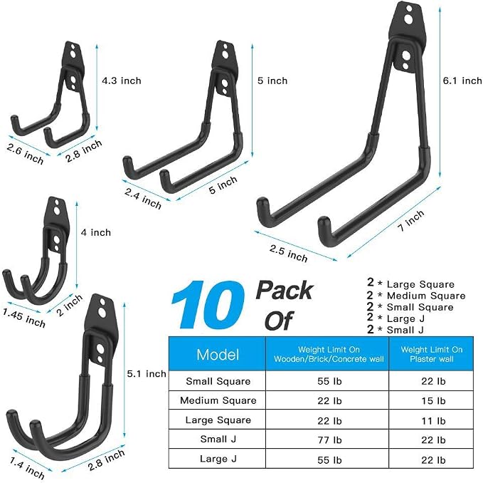 SMARTOLOGY Garage Hooks, 12 Pack Wall Storage Hook Includes 2 Extension Cord Holder, Utility Organization, Heavy Duty Wall Mount Hangers for Hanging Bike, Ladder, Garden Tools