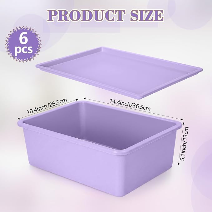 6 Pcs Large Plastic Storage Bins with Lids 14.4 x 10.4 x 5.1 Inch Stackable Storage Containers Decorative Cubby Organizer for Clothes Shelves Garage Closet Office (Pink, Purple)