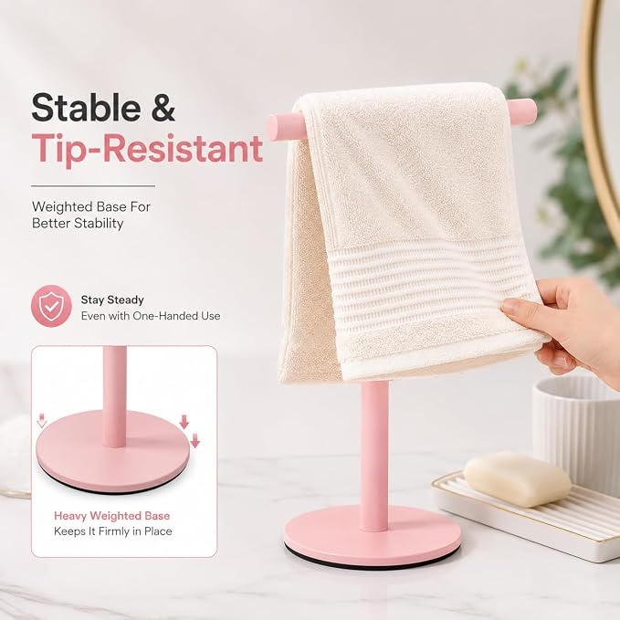 Pink Bathroom Hand Towel Holder Stand，T-Shape Hand Towel Holder Stand SUS304 Stainless Steel for Bathroom，Kitchen or Vanity Countertop