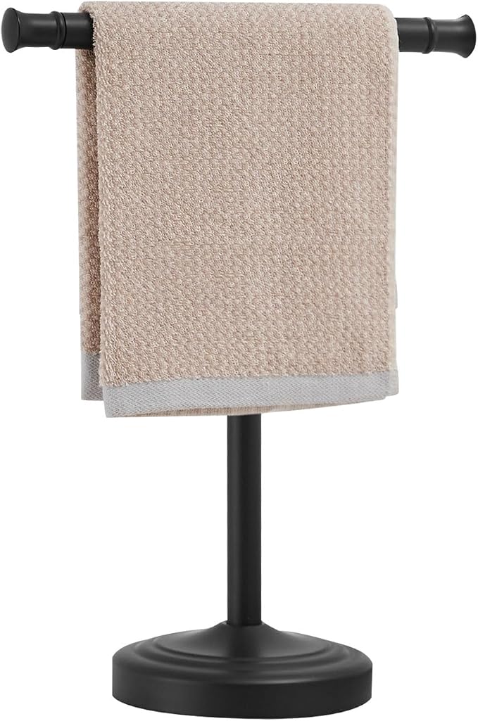 RUMOSE Matte Black Hand Towel Holder Stand Countertop Towel Rack | 13 Inch Bathroom Kitchen Vanity T-Shape Towel Stand Free Standing Stainless Steel Towel Bar Towel Ring