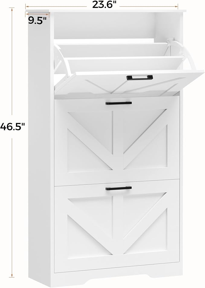 Homleke Farmhouse Shoe Cabinet for Entryway, 3 Barn-Style Flip Drawers | Narrow Shoe Storage Organizer, Top Display Shelf, Adjustable Shelves, Shoe Rack, for Hallway Closet, 24" Wide, White