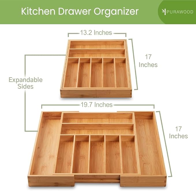 Purawood Bamboo Drawer Organizer, 2 Pack - Expandable Silverware Organizer & Utensil Organizer, Cutlery Tray with Dividers, 7-9 Slots - Premium Kitchen Organizer for Utensils & Flatware (Natural)