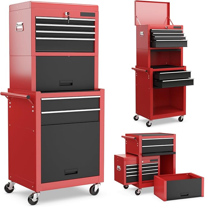 Goplus Tool Chest, 3-in-1 Rolling 6 Drawers Tool Cabinet with Detachable Top Toolbox, Middle Tool Storage, Universal Lockable Wheels, Protective Liner, Auto Lock, Metal Tool Box for Garage Workshop