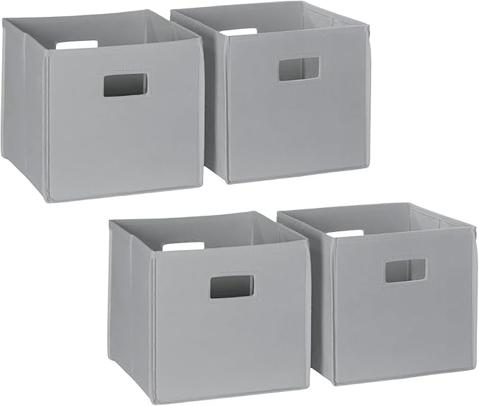 RiverRidge Folding Storage Bins - 4-pack of 10in Tall Gray Cubes | Fabric Bins, Set of 4 Storage Cubes, Cut-out Handles, Playroom Closet Organizer, Collapsible Cubby with Bottom Board Insert