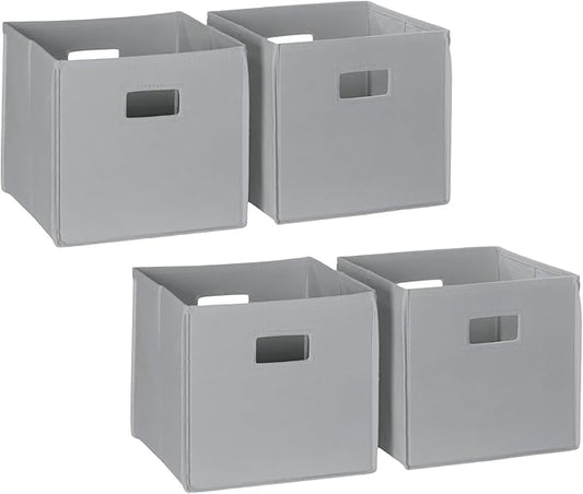 RiverRidge Folding Storage Bins - 4-pack of 10in Tall Gray Cubes | Fabric Bins, Set of 4 Storage Cubes, Cut-out Handles, Playroom Closet Organizer, Collapsible Cubby with Bottom Board Insert