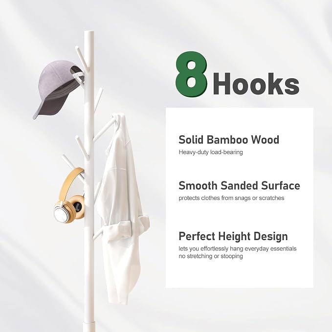 kiplant Coat Rack Stand with 8 Hooks, Adjustable Coat Standing Tree Easy Assembly for Coats, Hats, Scarves and Handbags for Entryway, Hallway, Bedroom, Office (Bamboo, White)