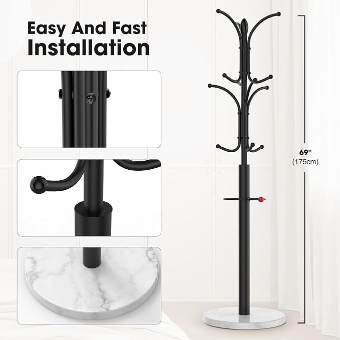 Coat Rack Freestanding,12 Hooks Coat Racks with Natural Marble Base & Umbrella Holder,Easy Assembly Coat Rack Stand for Hanging Scarf,Purse,Hats,Jacket(Black)