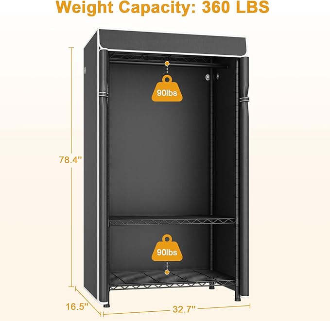 H5C Clothes Rack with Cover, Covered Clothing Rack Heavy Duty | Garment Rack with Shelves, 3-Tier Portable Closets for Hanging Clothes, Max Load 360LBS, Black Closet Racks with Black Cover