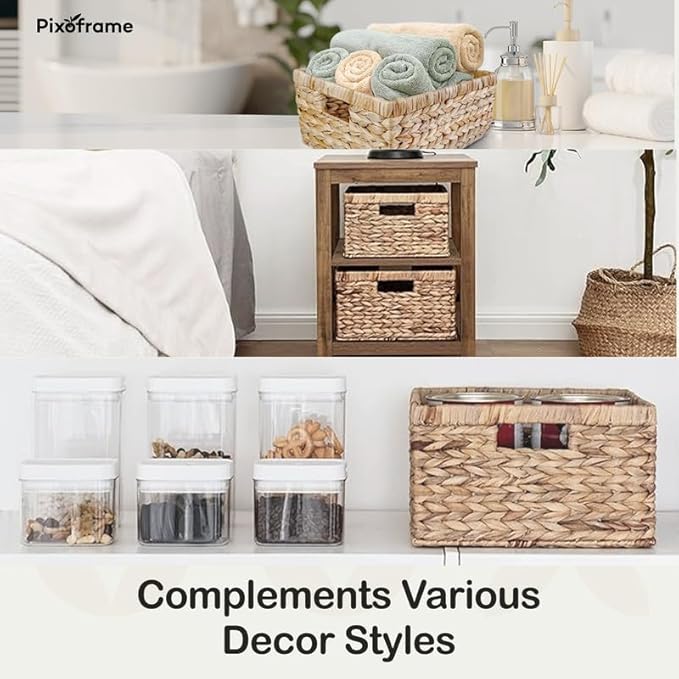 Large Handwoven Water Hyacinth Storage Wicker Basket with 2 Handles - Brown | Handcrafted Rectangular Organizer, Sturdy Iron Frame, Ideal for Towels, Blankets, Shelves & Décor - 15"x 11"x6.75"
