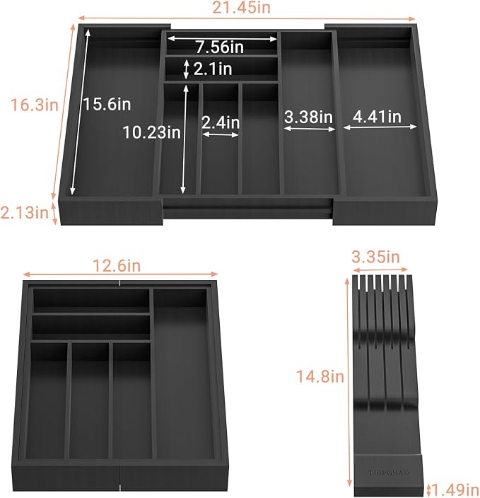 Expandable Bamboo Silverware Drawer Organizer Kitchen Tray, Black | Removable Knife Block, Holds 7 Knives, Adjustable Dividers, 12.6-21.45 x 16.3 x 2.13 in, Drawer Insert for Utensils, Forks