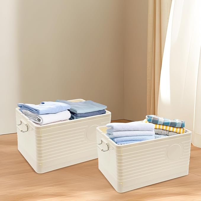 Yykniey Foldable Storage Bins with Wheels, 2 Pack Stackable Collapsible Storage Box Organizer for Closet Bedroom Living Room, Cream White