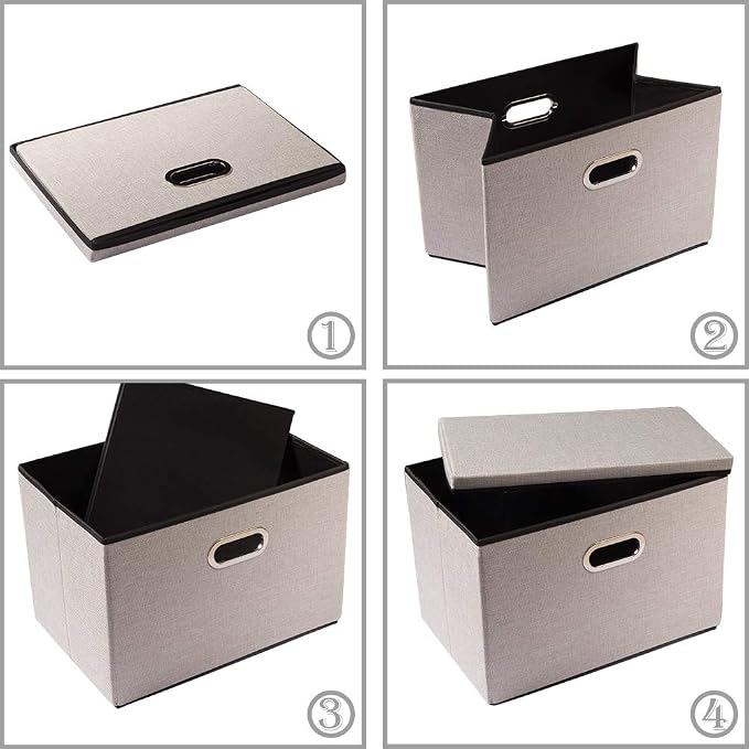 PRANDOM Foldable Storage Bin with Lid [3-Pack] Linen Fabric Decorative Storage Box Organizer Container Basket Cube with Handles Divider for Closet Office Living Room Light Grey(14.9x9.8x9.8)