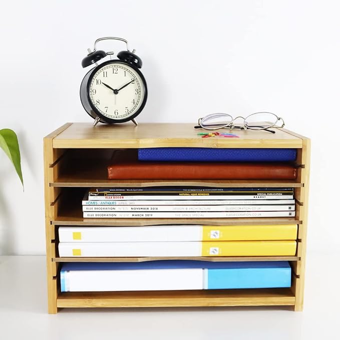 WKWKER File Organizer with 3 Adjustable Shelves Bamboo Document Letter Tray Paper File Sorter for Desktop Office Home Study Workstation Desk Storage Rack (Natural)