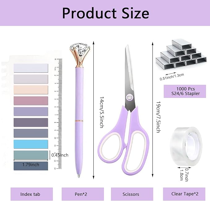 Office Supplies,Purple Desk Accessories,Office Supplies Set,Desk Organizer,Stapler,Tape Dispenser,Scissors,Staple Remover,Binder Clips,Staples,Ballpoint Pen,Index Tabs with Ruler,Clear Tape.10pcs