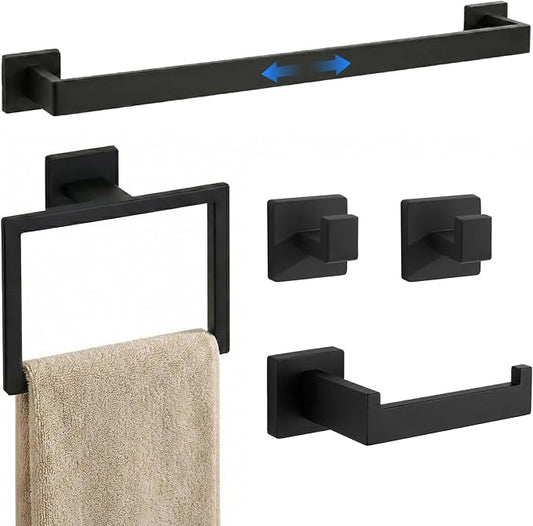 5-Pieces Matte Black Bathroom Accessories Set, 24 Inch Bath Towel Bar Set, SUS 304 Stainless Steel Bathroom Hardware Set, Towel Racks for Bathroom Wall Mounted