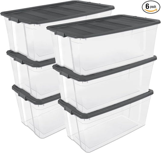 Sterilite 6-Pack Modular Stacker Box, Durable Clear Plastic Storage Bins with Latching Lids, 200 Quart - Stackable Organizing Container Boxes for Closet, Bathroom, and Office