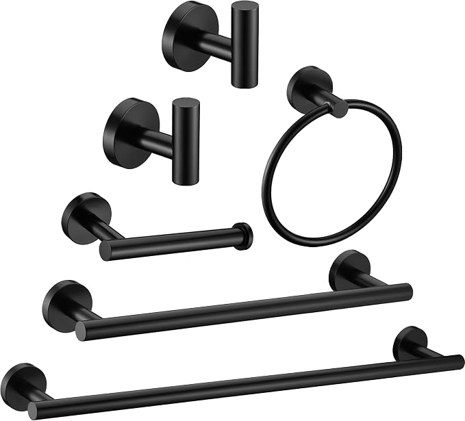 6 Pieces Matte Black Bathroom Hardware Accessories Set Hand Towel Ring 16&23.6 inch Round Towel Bar Silver Toilet Paper Holder Towel Hooks 2 Pieces SUS 304 Stainless Steel,Heavy Duty,Wall Mounted