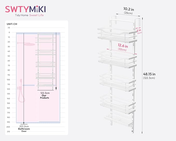 SWTYMIKI Over the Door Shower Caddy - 5 Tier Adjustable Shower Organizer Hanging with Soap Holder, No Drilling Stainless Steel Bathroom Rack Hanging for Body Wash, Shampoo, Soap, Razor, White