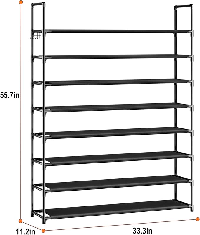 OYREL 8 Tier Shoe Organizer, 33.3in Wide x 11.2in Deep x 55.7in Tall, Black Metal and Plastic Shoe Rack, Holds up to 32-40 Pairs of Shoes | 32-40 Pairs, Closet, Entryway, Garage, Door Entrance, Large Storage Shoes Holder Stand, Sturdy Free Standing Boo...