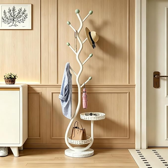 Metal Standing Coat Rack, Small Space Coat Rack Freestanding Hanger Coat Stand with Natural Metal Base & 8 Hooks, Tree-Shaped Coat Rack for Entryway, Hallway, Bedroom, can Hang Clothes, Hats (White)